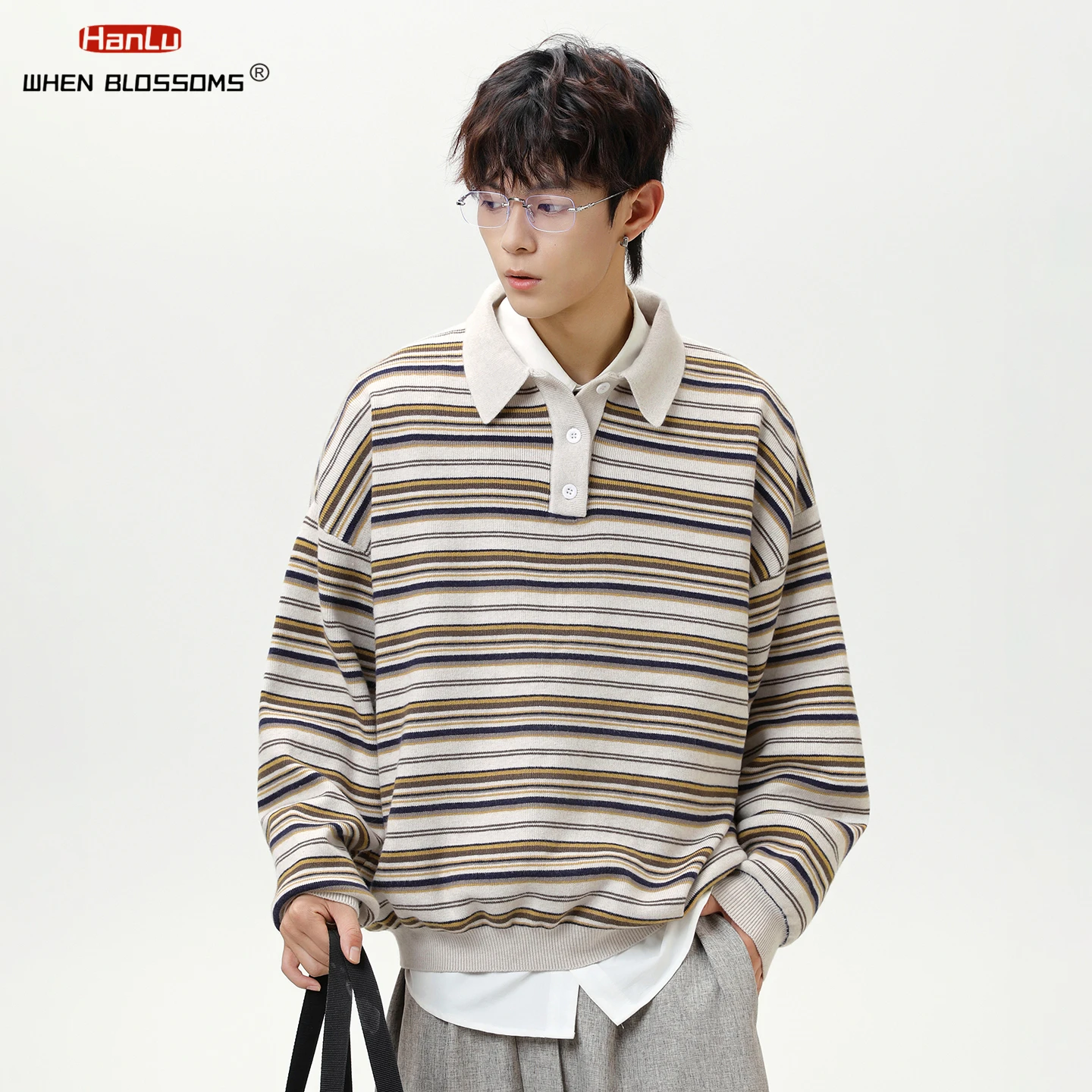 

Hanlu 2025 унисекс, японский винтажный полосатый свитер в полоску, искусственный двухсекционный трикотаж для пары большого размера с длинными рукавами