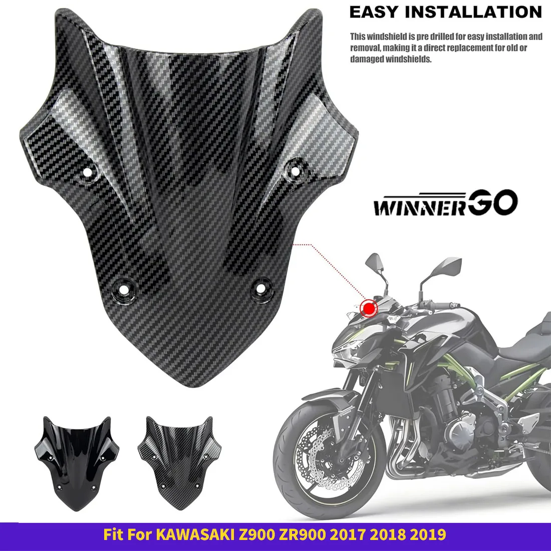 オートバイフロントガラスフロントガラス、フロントウインドシールドスクリーンディフレクター部品-kawasaki-z900-2017-2018-2019-カーボンファイバールック