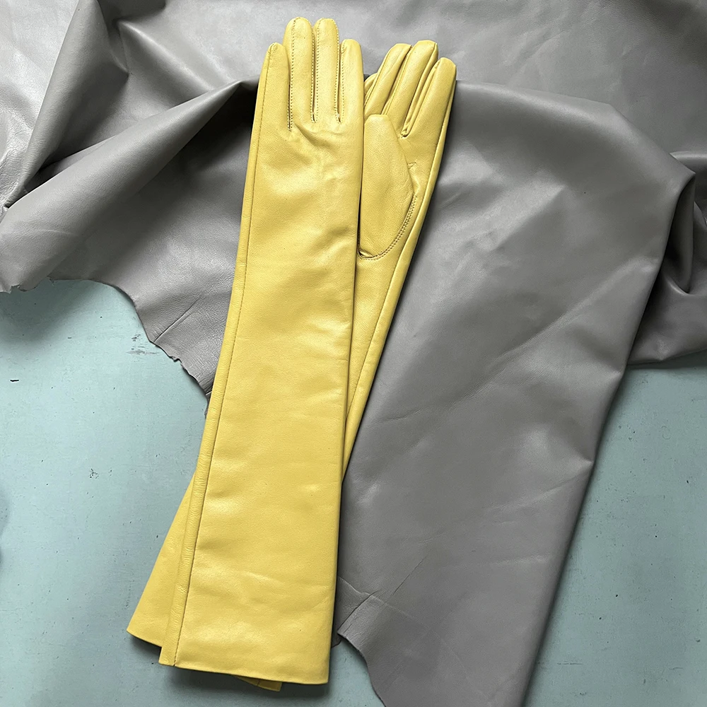 

Long yellow sheepskin gloves Real leather gloves for women Five-finger gloves over the elbows Custom sizes