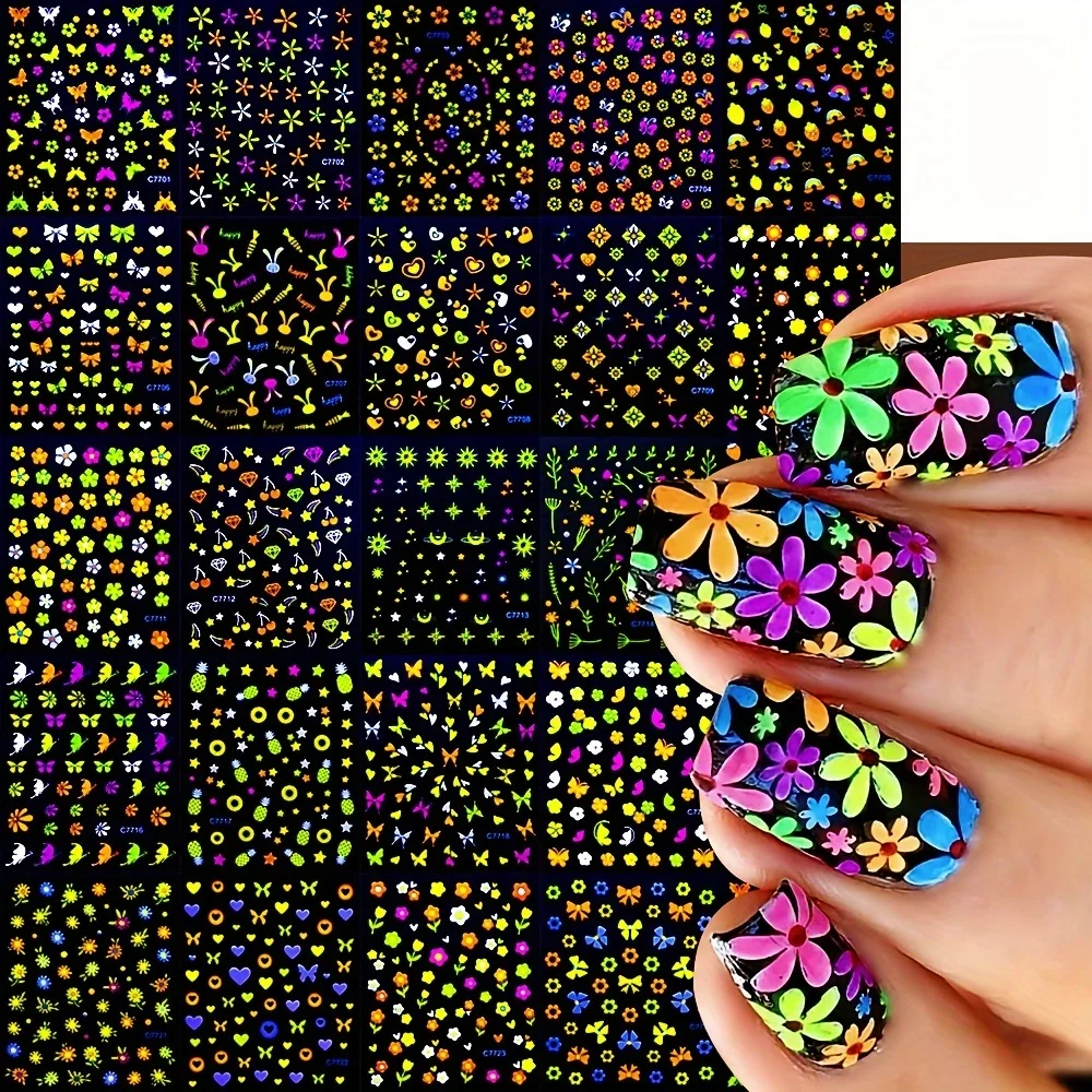 Im Dunkeln leuchtende Nagelkunst-Aufkleber – 5 Bögen selbstklebende 3D-Nagelkunst-Aufkleber mit fluoreszierendem floralen und geometrischem Muster