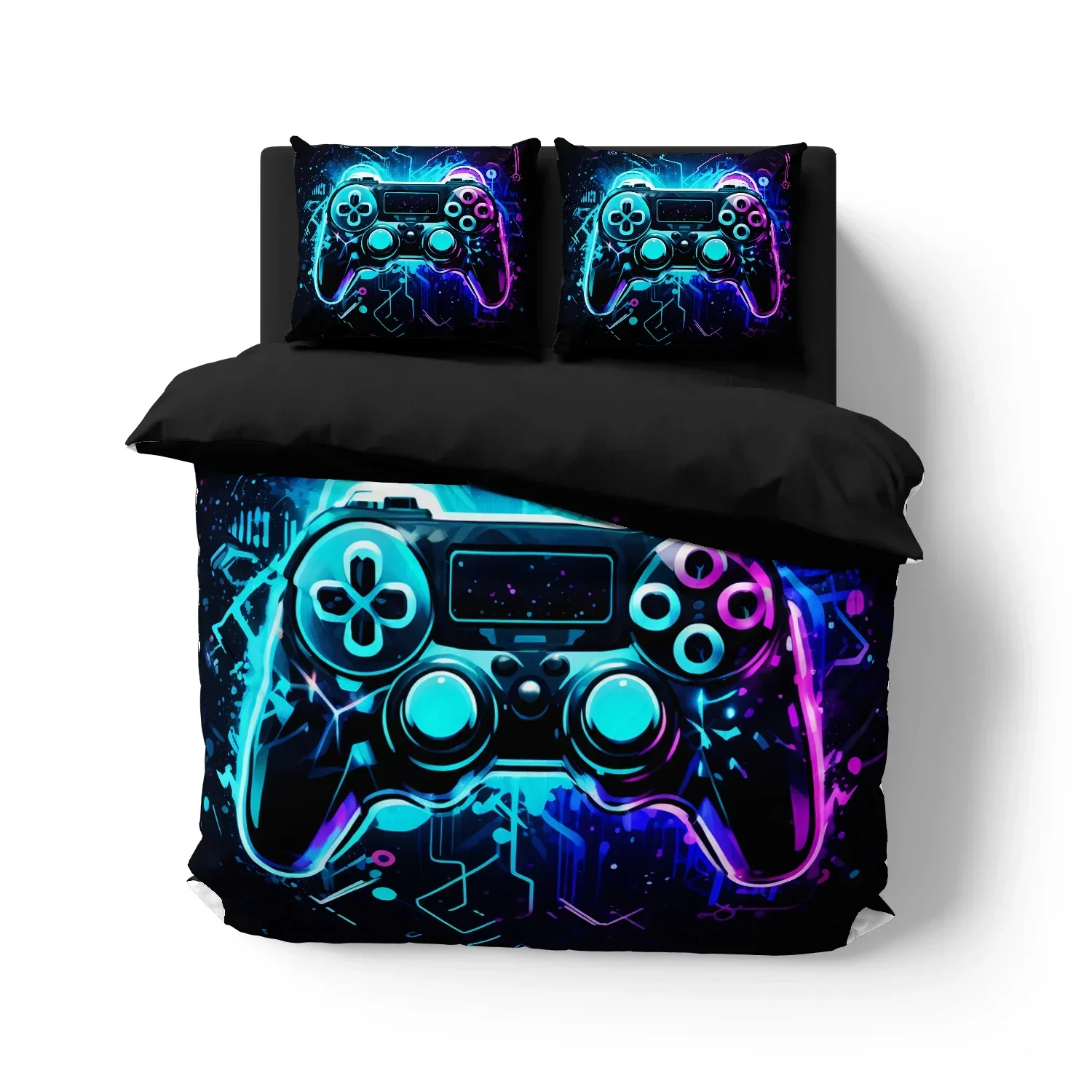 Game King Queen Duvet Cover 3D Black Game Handle Bedding Set for Kids Teens Boys Man Gamer Bedroom Decor Quilt Cover Pillowcase