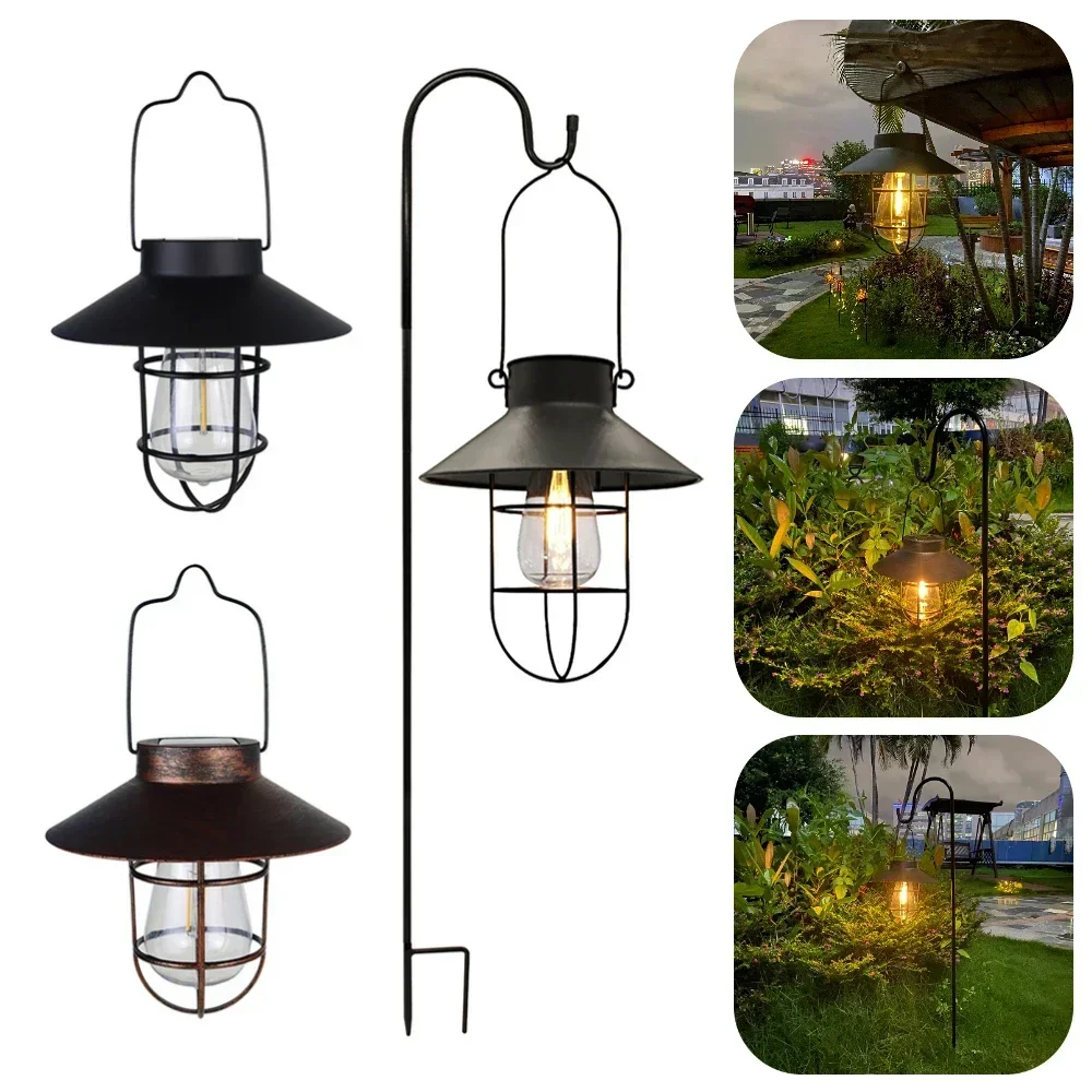 

Solar Lantern Lamp Outdoor Hanging Tent Lamp Waterproof Vintage Metal Solar Lights with Tungsten Bulb for Patio Garden Decor