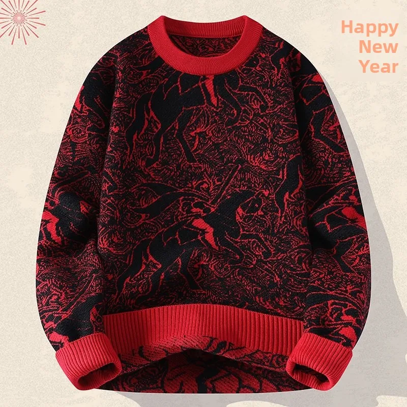 

Модный вязаный свитер для подростков: осенне-зимний, новогодний, из красной пряжи, повседневный, свободного кроя, теплый трикотаж из полиэфирного волокна