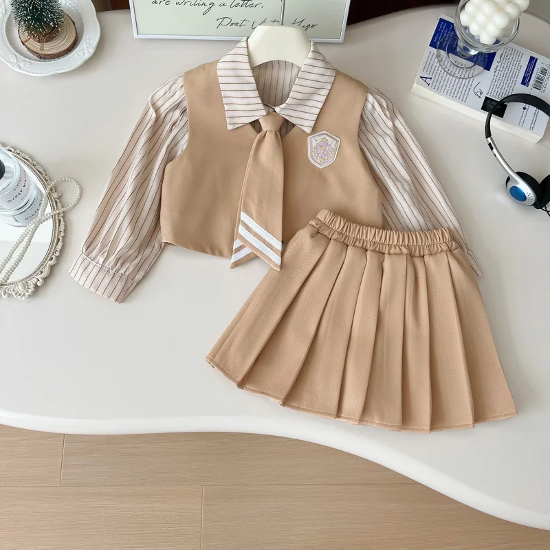 

Girls' Outfit Autumn New College Style Striped Shirt+Vest+Three-piece Short Skirt Set Wholesale
