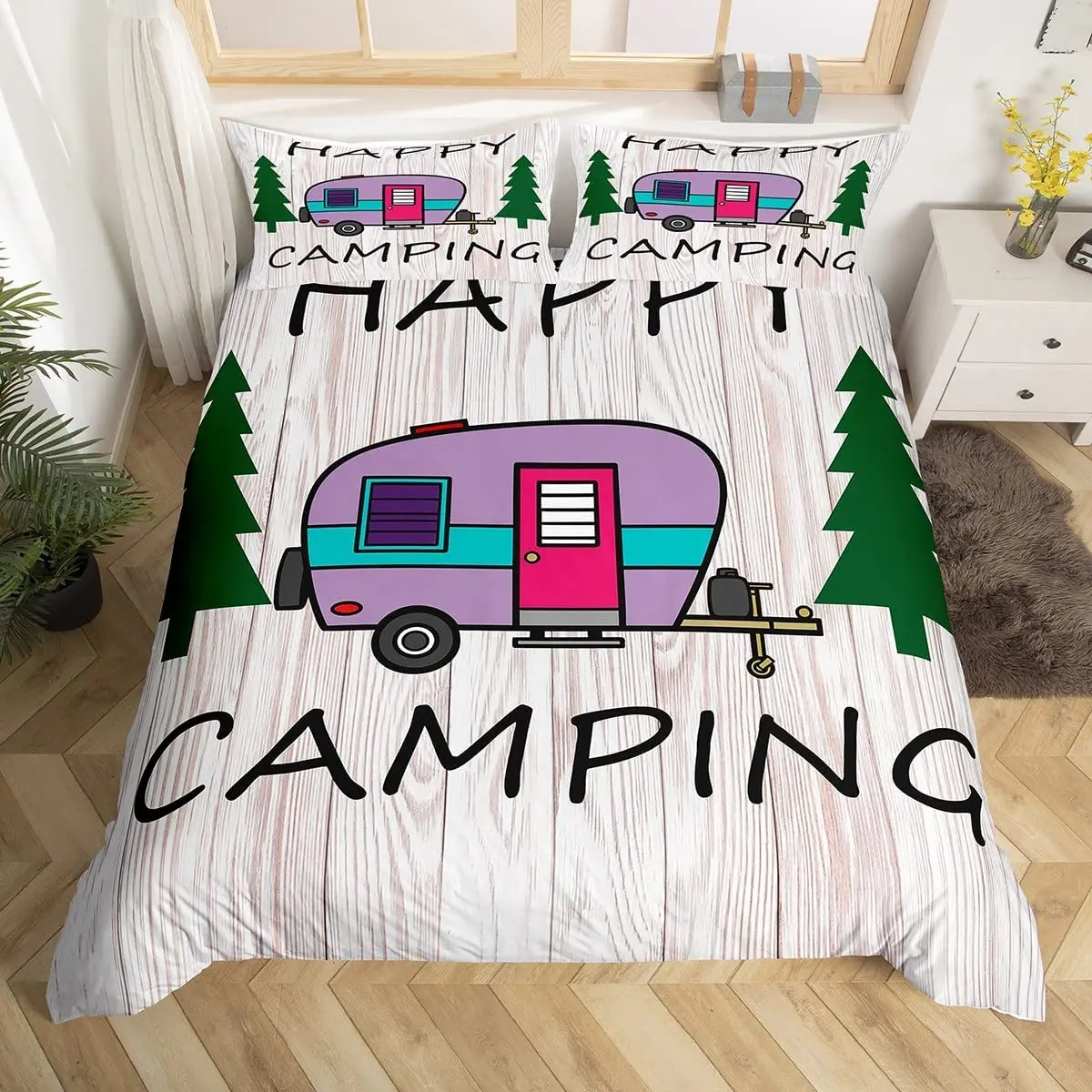 Happy Camping Duvet Cover Rustic Farmhouse Camper RV Bedding Set King Starry Night Comforter Cover Adventure Theme Quilt Cover