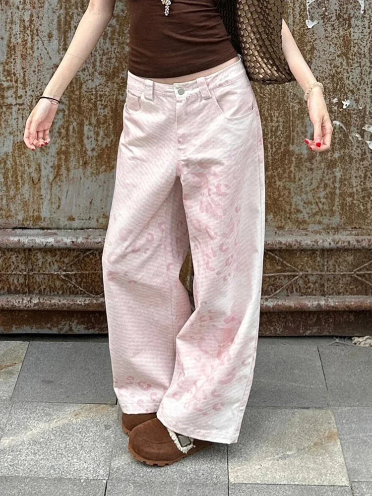 Zoki خمر طباعة Y2K الوردي بانت المرأة الشارع الشهير فضفاضة عالية الخصر الرجعية السراويل الأمريكية عادية Harajuku الهيب هوب Bf السراويل جديد #3