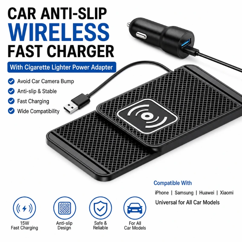 1 Meter Wireless Car Fast Charger Pads for Mobile Phones 15W Wireless Phone Inductive Car Charging Anti-slip Stand Rubber Mats