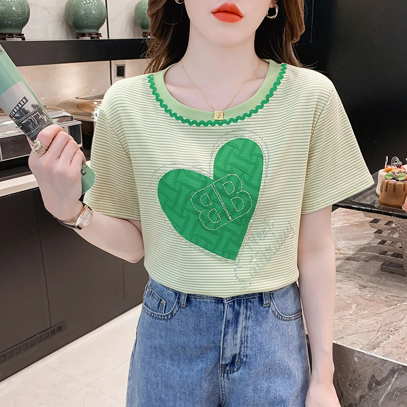 

2023 New Summer T-Shirt Women's Chic Sexy O-Neck Stripe Shiny Diamonds Letter Love Tops Short Sleeve Drilling Hot Tees 36127