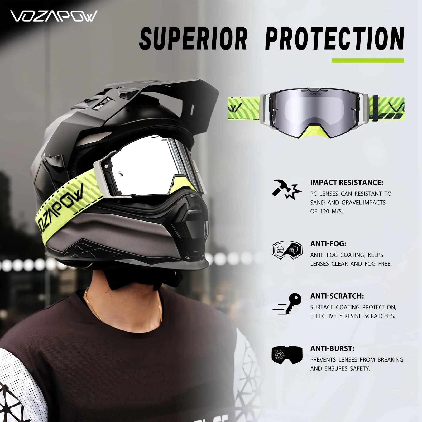 Vozapow Dirt Bike Motocross lunettes sur lunettes Anti-buée Explosion magnétique tout-terrain