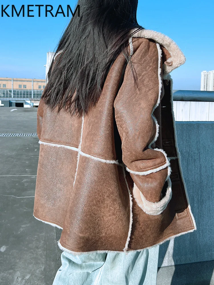 Damska kurtka z prawdziwej wełny owczej, dwustronna, w stylu vintage, brązowa, motocyklowa, zimowa odzież damska 2025 шуба женская