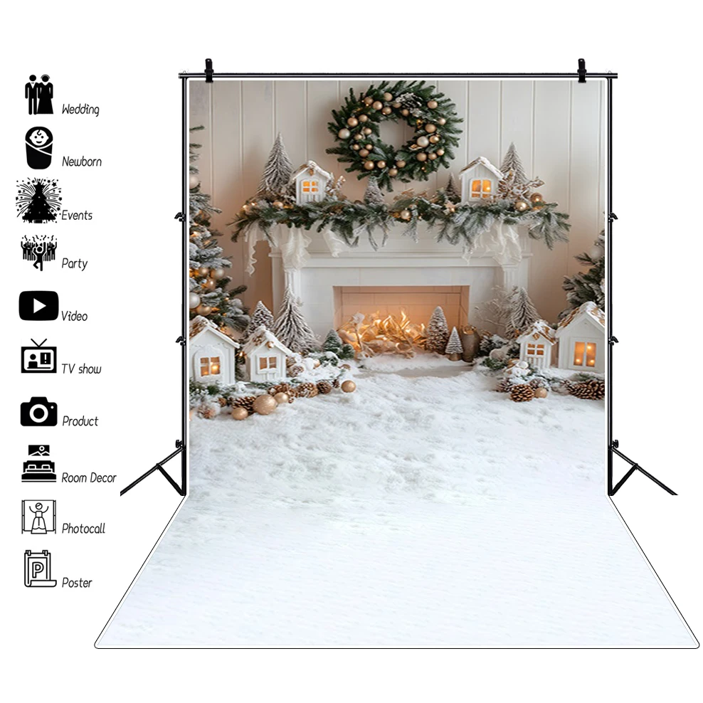 White Christmas Photography Backdrop Christmas Tree Fireplace Wreath Winter Kids Family Portrait Xmas Photo Background Decor