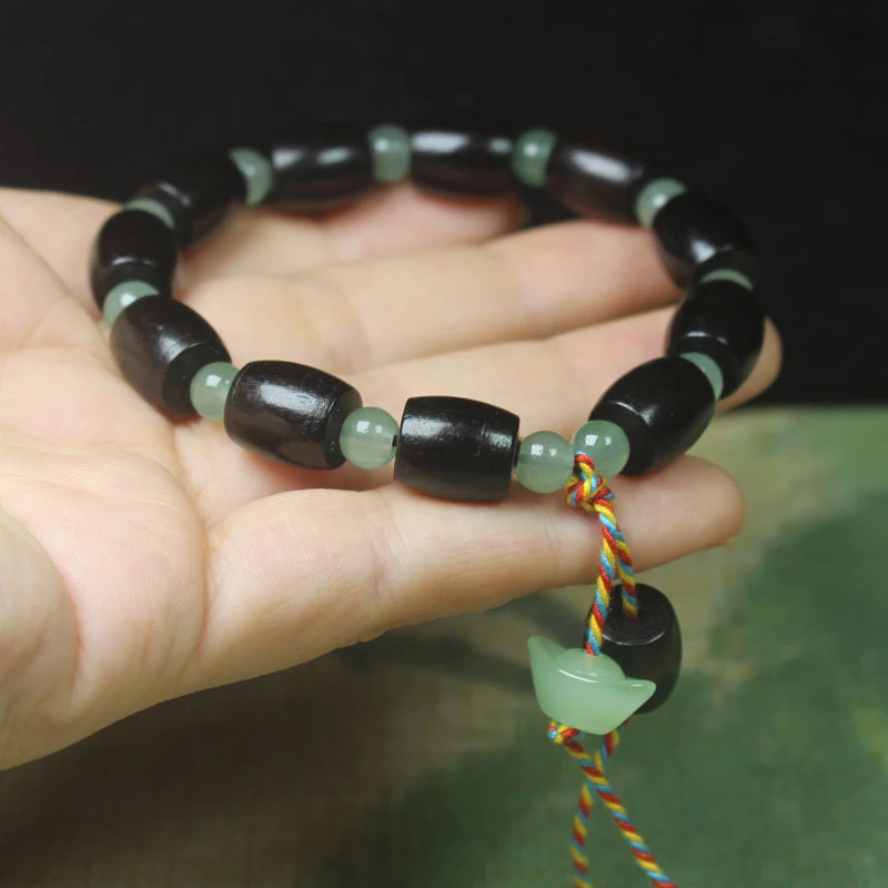 Ebony and golden sandalwood barrel beads 10mm Buddhist bead bracelet, green ingot style, simple and elegant handcrafted prayer b