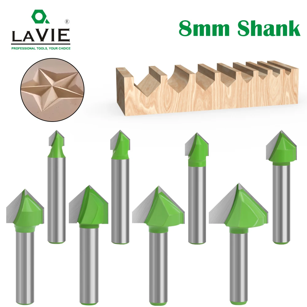 LAVIE 1Pc 8Mm Shank 90องศา V Type Slotting Cutter Bit CNC แกะสลัก Solid Router บิตคาร์ไบด์มิลลิ่งเครื่องตัด C0802406GN