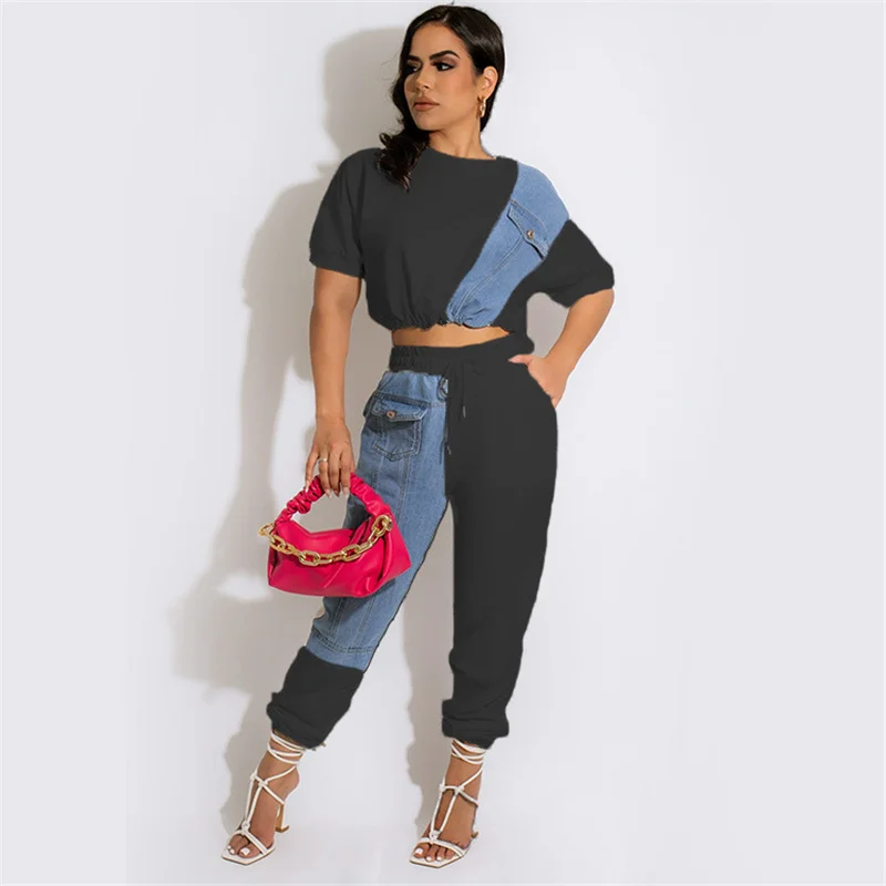 Streetwear 2 Piece Sets Womens Outfits Summer Denim Patchwork Pocket Crop Tops and Cargo Pants Suits Matching Sets Sweat Suit