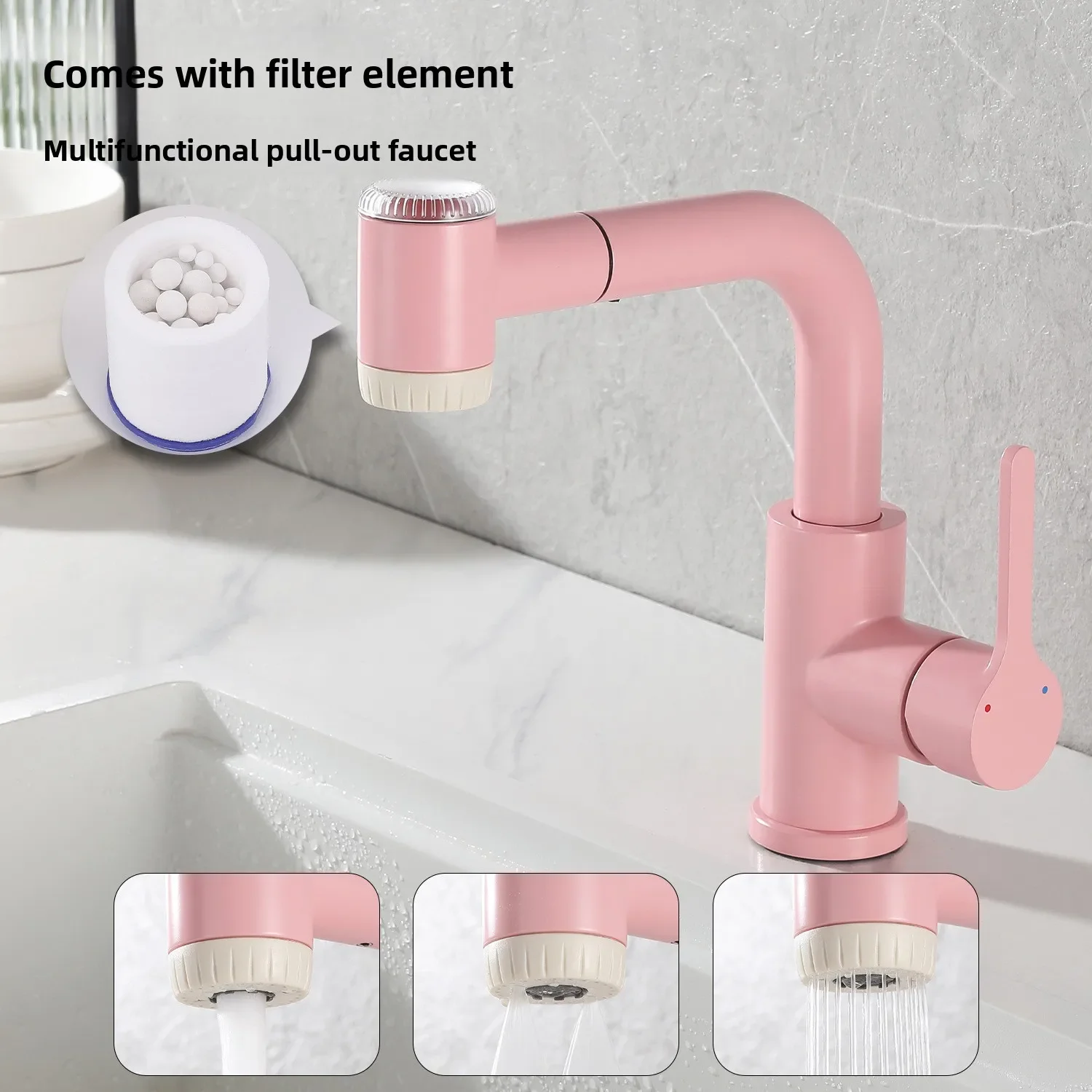 Copper Basin Pull-Out Faucet with Filter Cartridge Multi-Function Pull-Out Sink Faucet Pink Basin Faucet