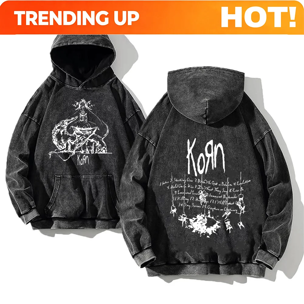 Korn Rock Band World Tour Hoodies Vintage Washed Men's Sweatshirts Cotton Hip Hop Streetwear Hooded Pullover Loose Y2K Tops