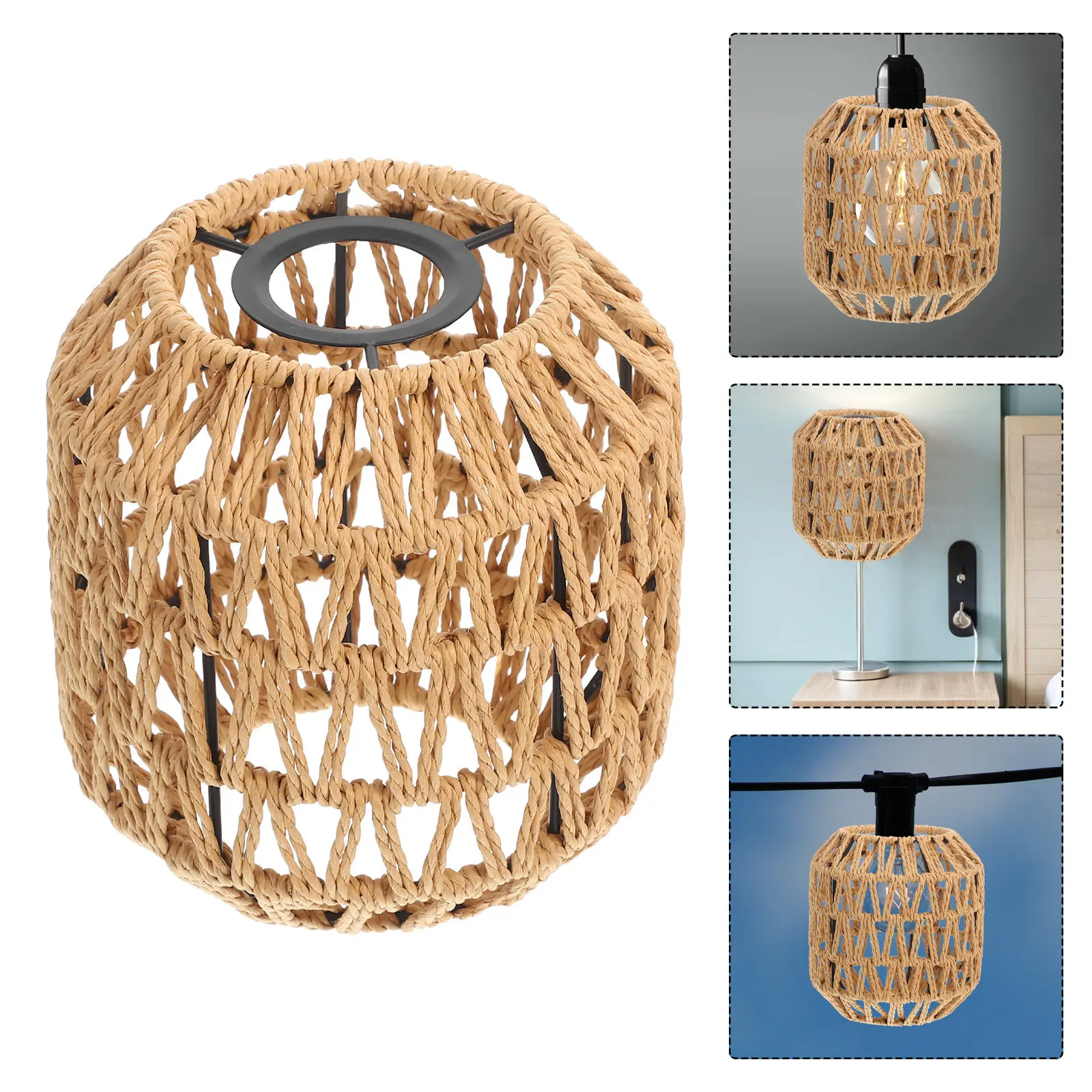 Woven Paper Rope Lampshade Iron Rustic Pendant Light Shade E27 Base for Dining Room Corridor Decor
