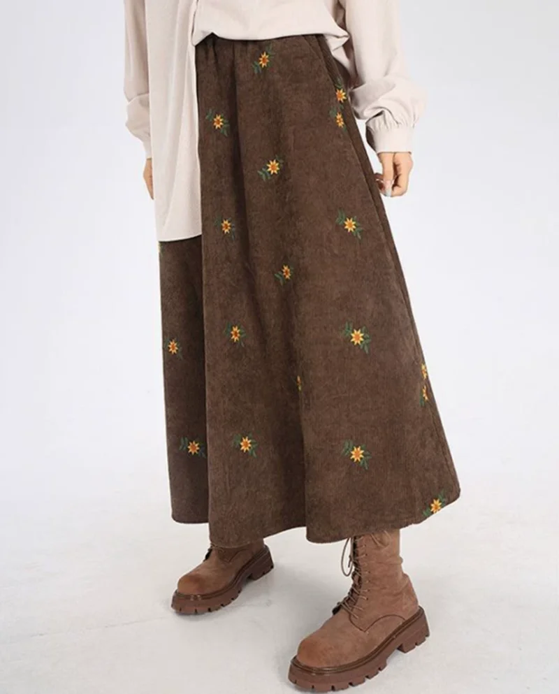 Retro Corduroy Embroidered A-Line Midi Skirt Women's Floral Design Autumn Winter High Waist Loose Fit Pure Color Forest System
