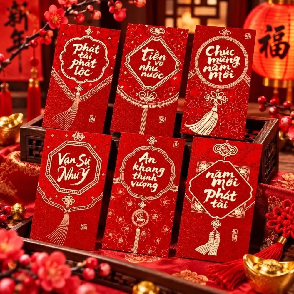 6PCS/Set Lucky Red Envelopes Gold Foil Design Vietnamese Cash Gift Envelopes Chinese Style New Year Blessing