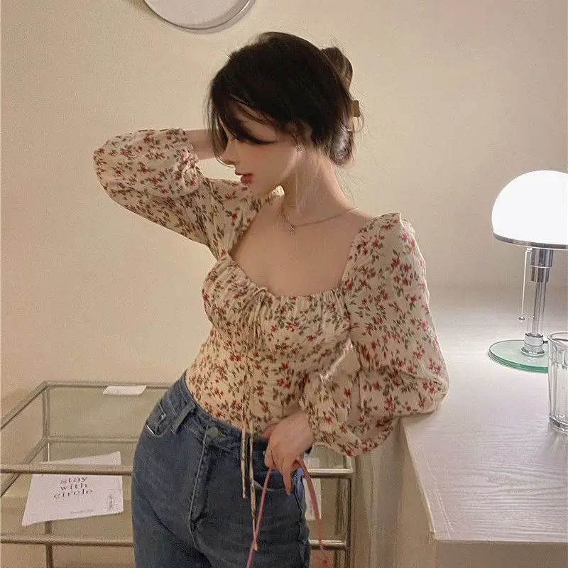 Spuare Collar Blouse Women French Fashion Long Sleeve Spring Vintage Crop Tops Holiday Chic Blusas Femininas College Floral Slim