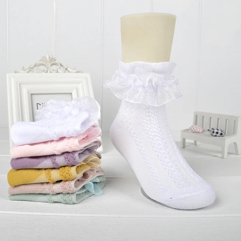 Girls' Socks Lace Pure Cotton Striped Solid Children's Stockings Spring Autumn Thin Styles Summer Princess White Dance Socks