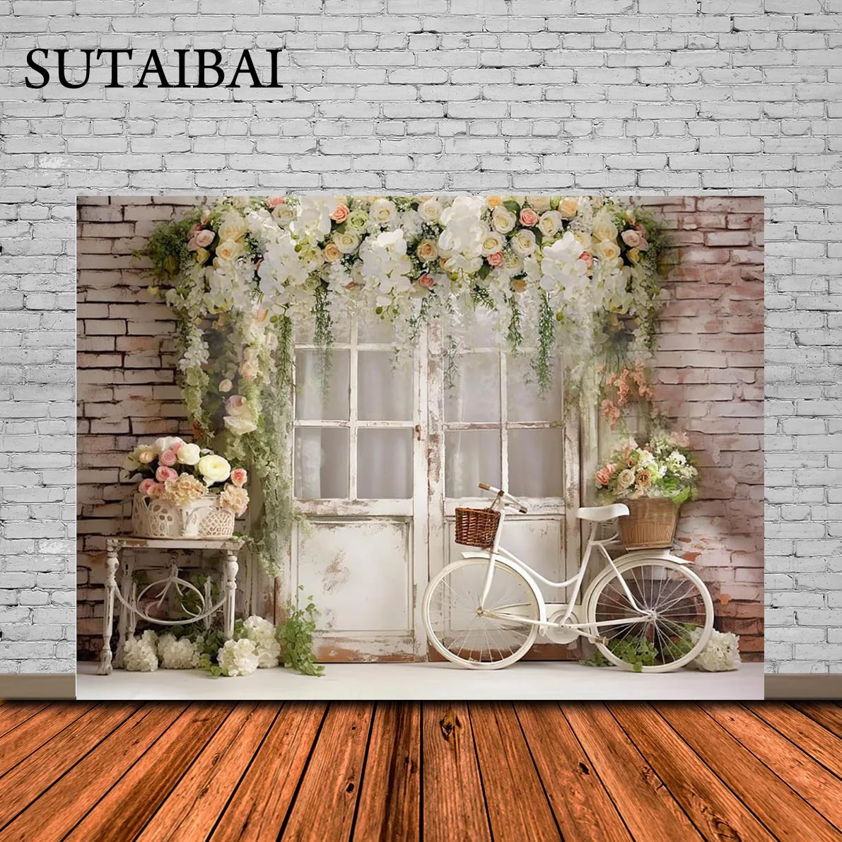 

Spring Easter Garden Flowers Grass Bicycle Photography Backdrop Brick Wall Wood Door Photoshoot Background Photo Studio Props