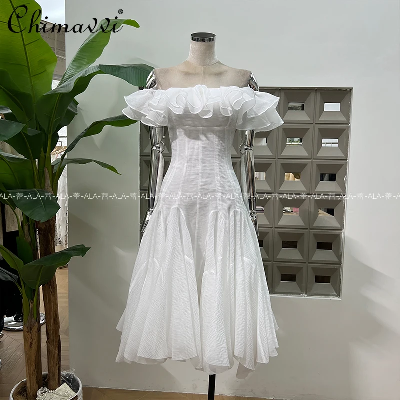 

Birthday Party Fashion Off-shoulder Ruffle Edge Solid Color Medium and Long Dress New Summer Heavy Slim Elegant Women's Dress