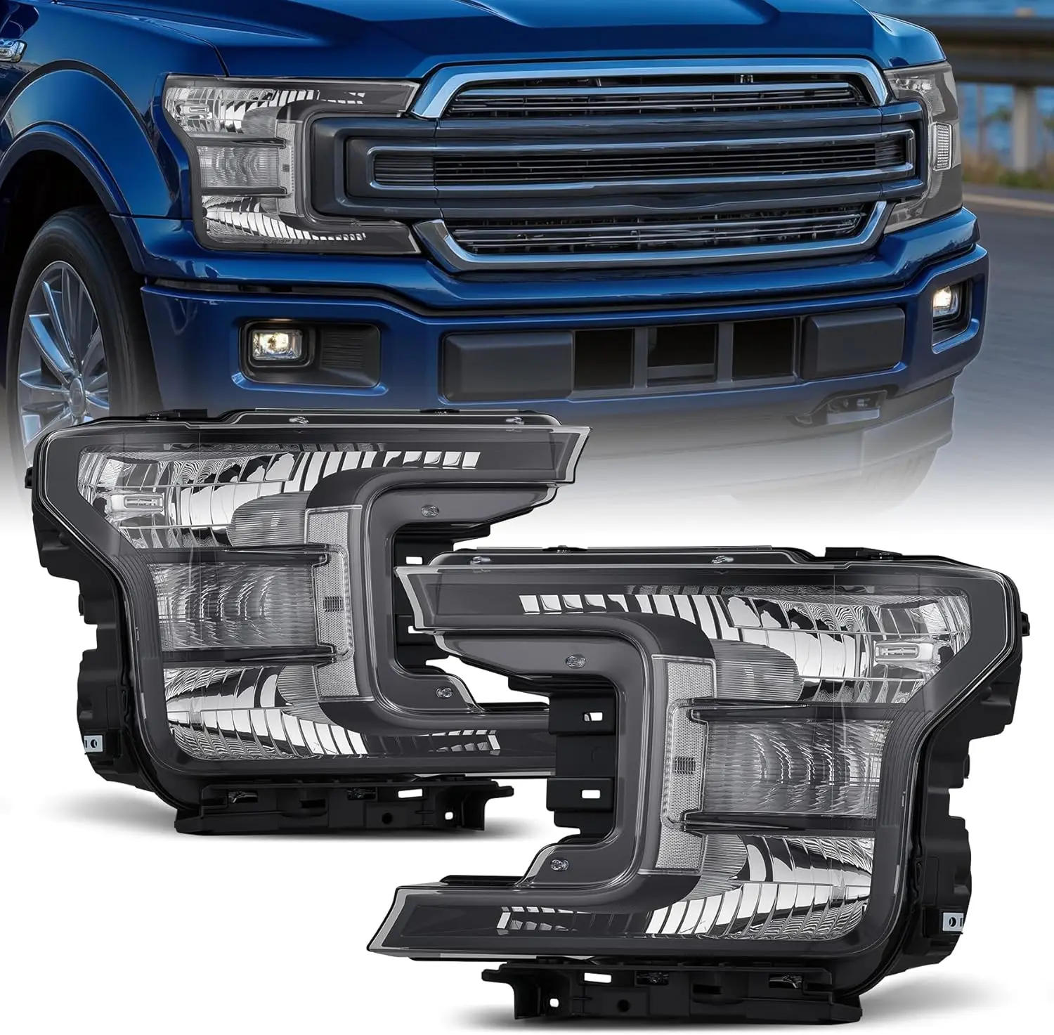 Driver & Passenger Side Halogen Headlight Assembly Compatible with 2018-2020 Ford F150, Replacement Set