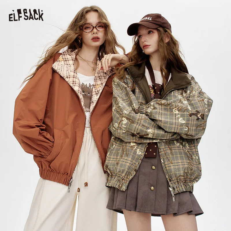 ELFSACK 2025 Autumn New Arrival Playful Loose Lace Graphic Print Checkered Jacket For Woman