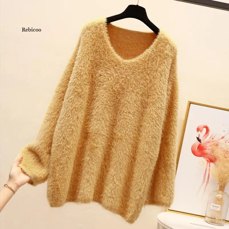 

V-neck Mohair Sweater Women's Loose Lazy Knitted Bottoming Shirt Thickening Loose Cashmere Pullover Dress Fall 2021 Sueter Mujer