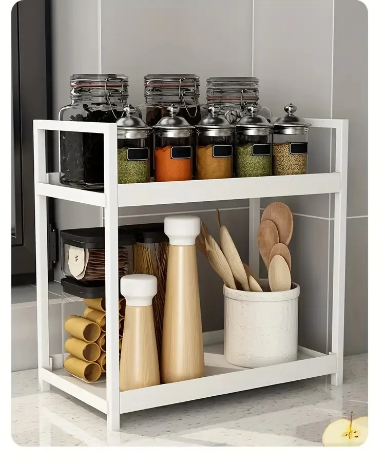 Kitchen Spice Storage Shelf 2 Tiers Plastic Storage Rack Countertop Seasoning Rack Desktop Storage Racks For Kitchen Bathroom