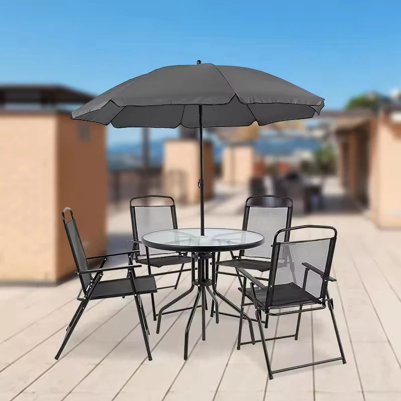 Venta de bajo precio de juego de mesa y silla de ocio al aire libre multifuncional y multiescenario con paraguas