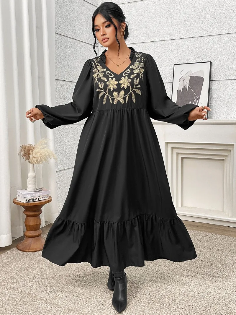 KEXU New Plus Size Women's Maxi Long Dress Print High Waist Slim Black Ruffles Casual A-line Long Sleeve Fall Street Dress