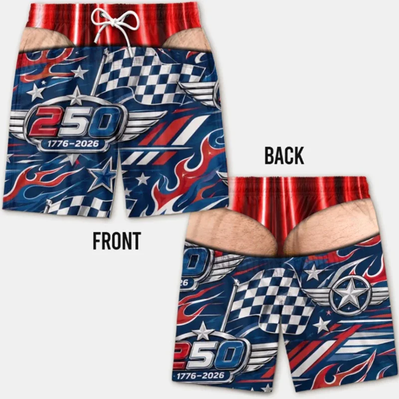 Men Funny Fake Two‑Piece Swim Shorts Racing Flag Flame Print Red Bikini Waist Gag Beach Board Shorts