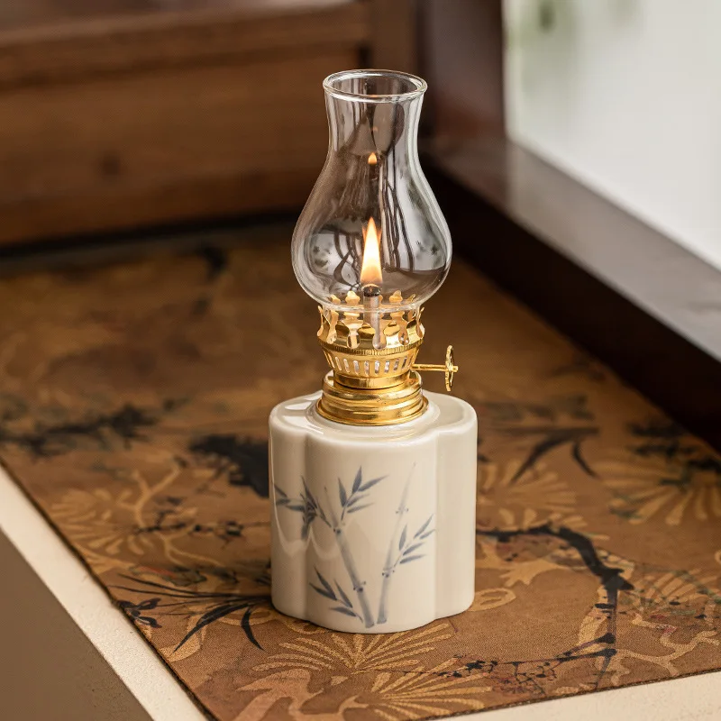 Hand Drawn Floral Retro Ceramic Butter Lamp New Chinese Style Study Bedroom Small Night Light Decoration