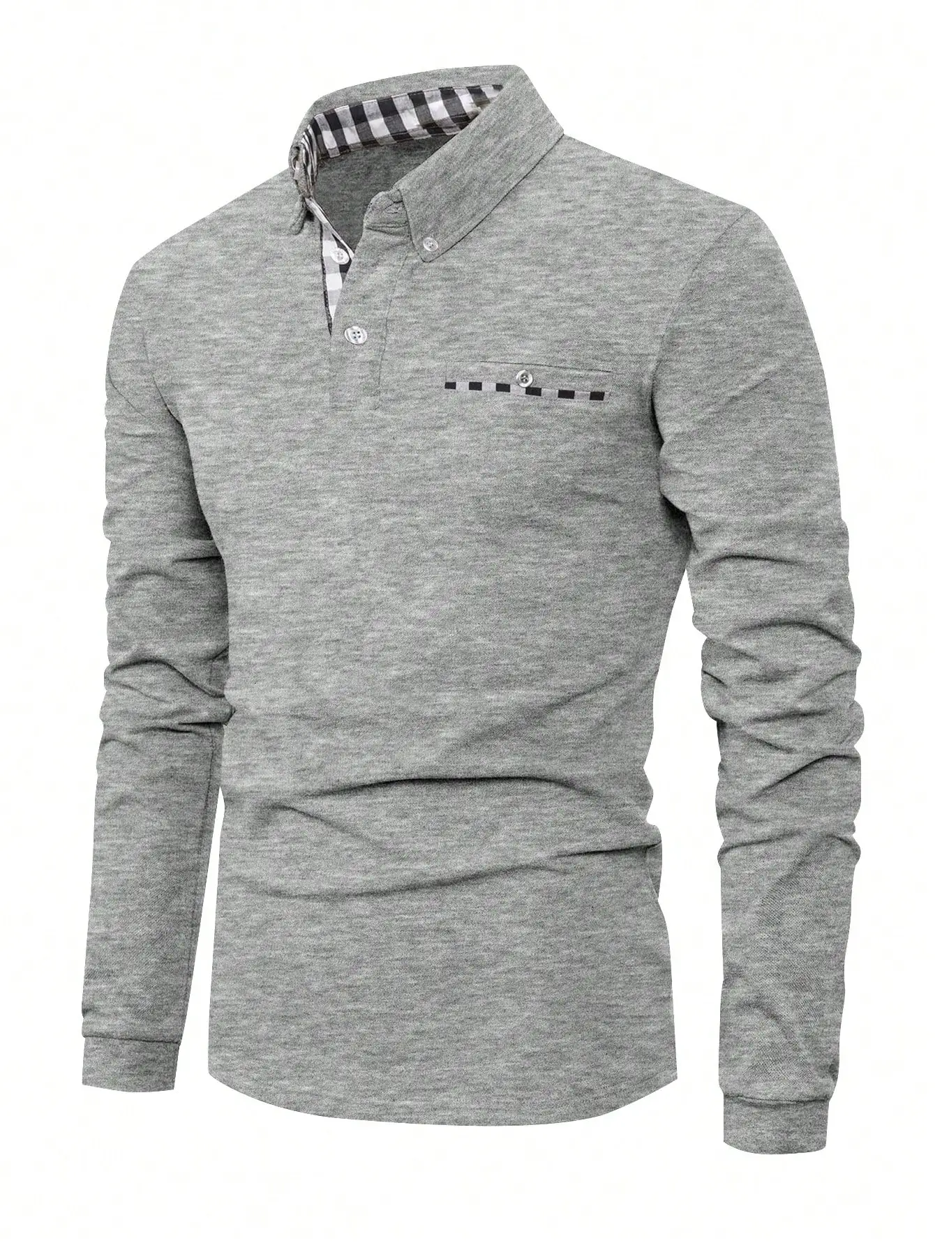 

Мужская серая рубашка-поло с длинным рукавом и клетчатой отделкой