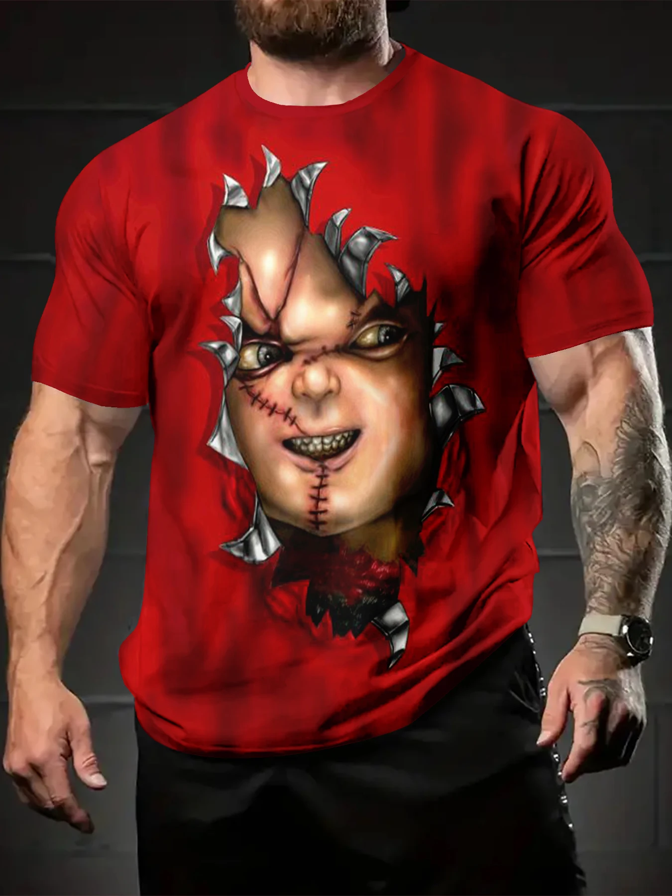 Torn Fabric Horror Doll Face Print Men Casual Short Sleeve Tee