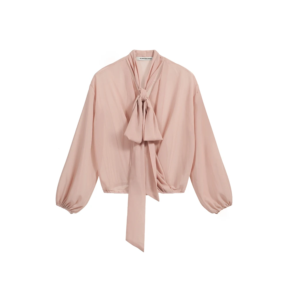 Koreaanse stijl chiffon blouse met vlinderdas, V-hals en lantaarnmouwen, elegante damestop