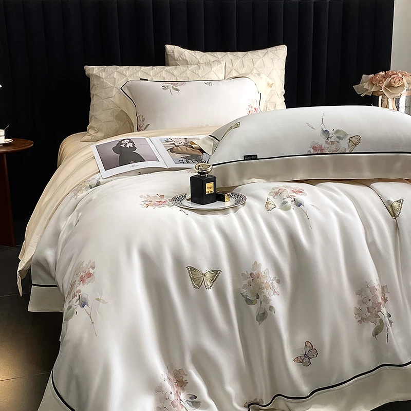 

Летний охлаждающий мягкий шелковистый лиоцелвый эвкалиптовый волокно с цветами и принтом бабочки, комплект постельного белья, пододеяльник, простыня, наволочки, 4 шт.