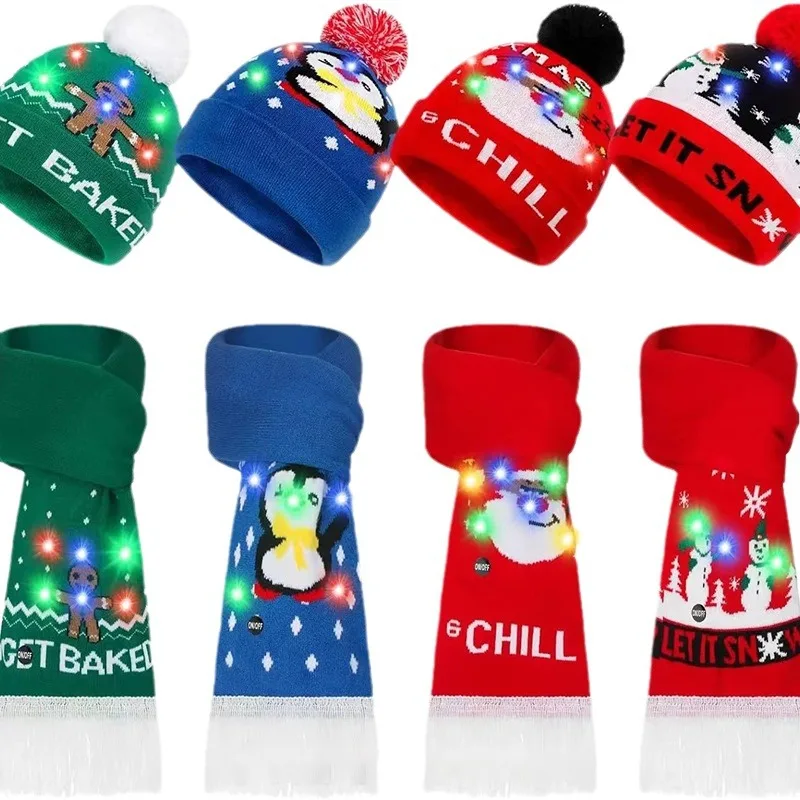 طقم قبعة وشاح منسوج لعيد الميلاد، قبعة صوف جاكار الرنة الاحتفالية مع أدفأ للرقبة