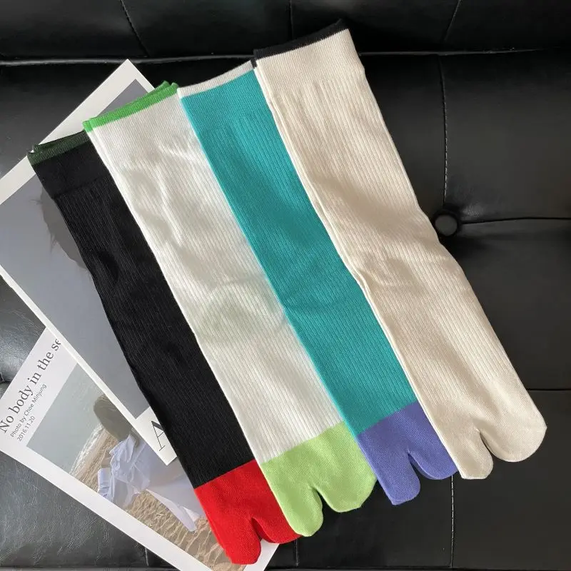 Fashion Patchwork Japanese Tabi Socks Women Combed Cotton Thin Separate Toe Socks Simple Comfort High Tube Two Finger Socks