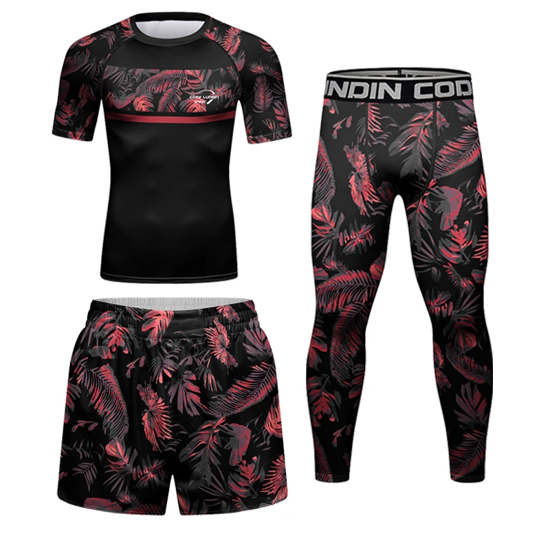 Nowi mężczyźni MMA boks odzież sportowa Bjj Rashguard T-shirt + szorty MMA odzież treningowa garnitury sportowe trening Jogging Kickboxing koszulki