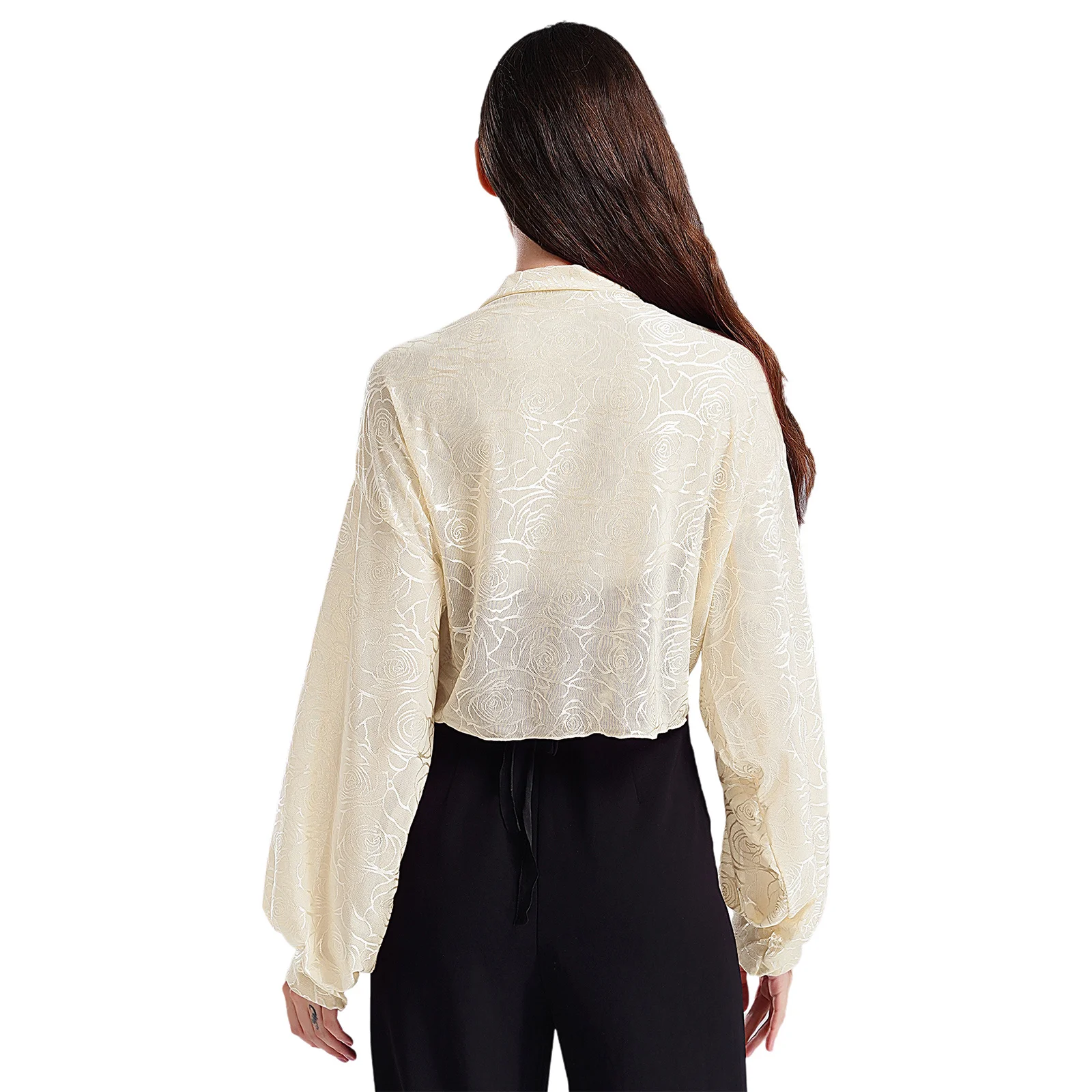 Womens Elegant Floral Sheer Mesh Cardigan Blouse Coat Casual Long Sleeve Open Front Lace-Up Shrug Wraps Bolero for Wedding Party