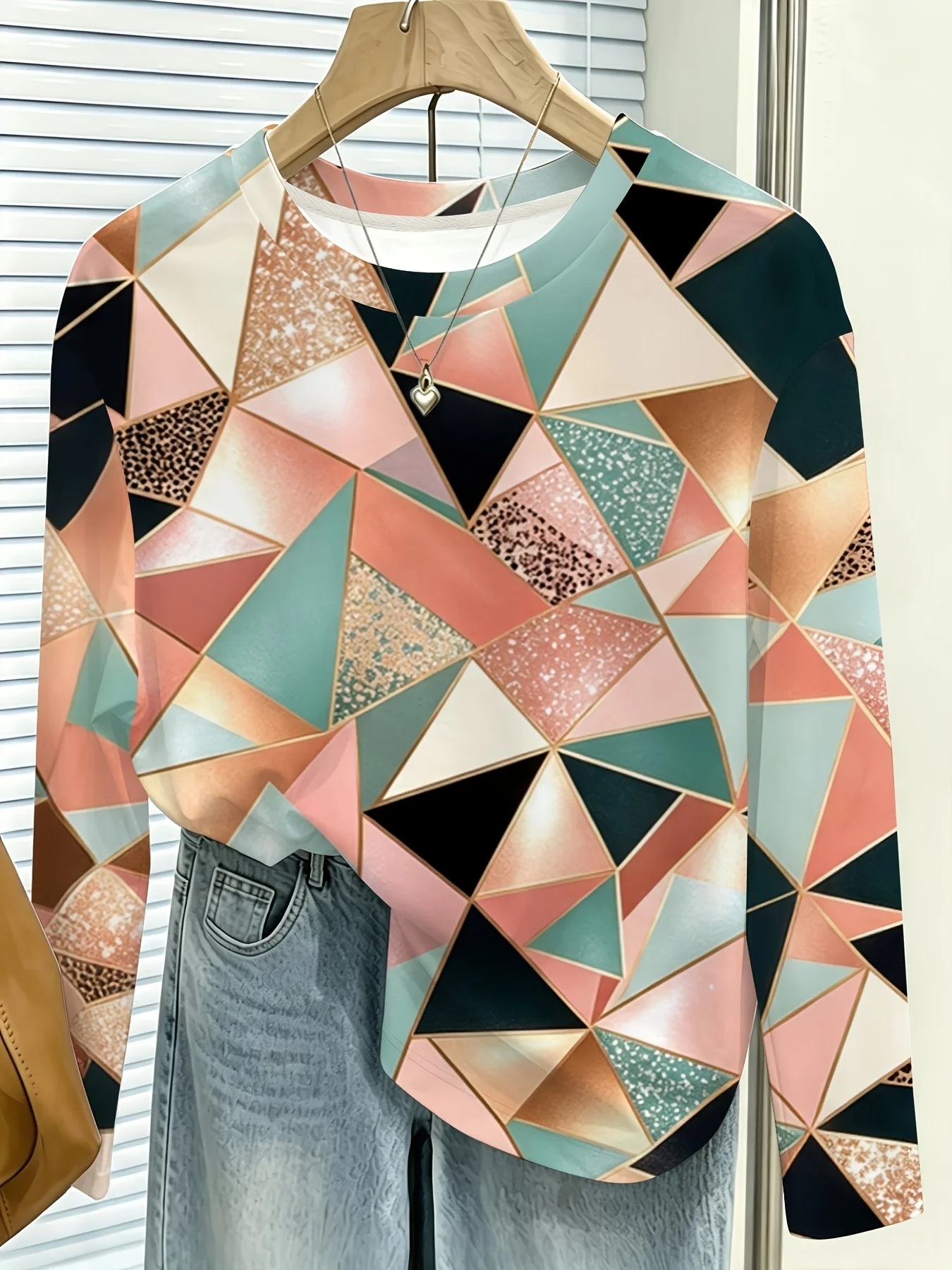 Women T‑Shirt Long Sleeve 3D Colorful Triangle Geometric Print Tees Casual Street Female Wear Daily O‑Neck Top Women's Clothes