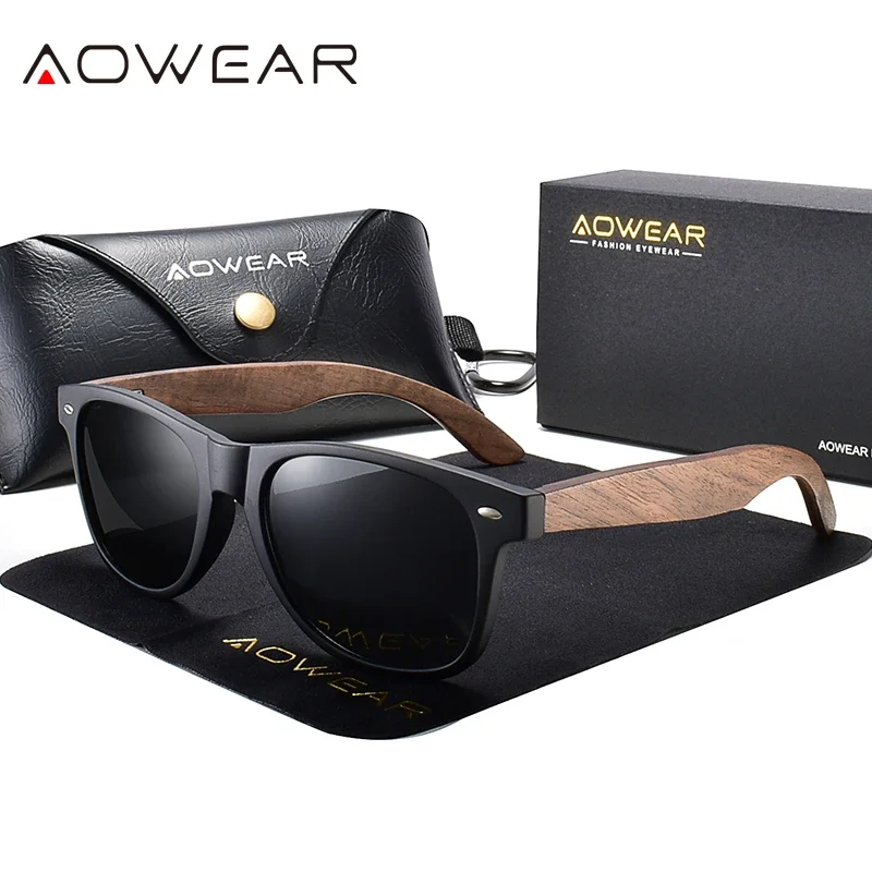 AOWEAR Brand Wood Aviation Sunglasses for Men Women Polarized UV400 Walnut Wooded Vintage Mirror Glasses with Case