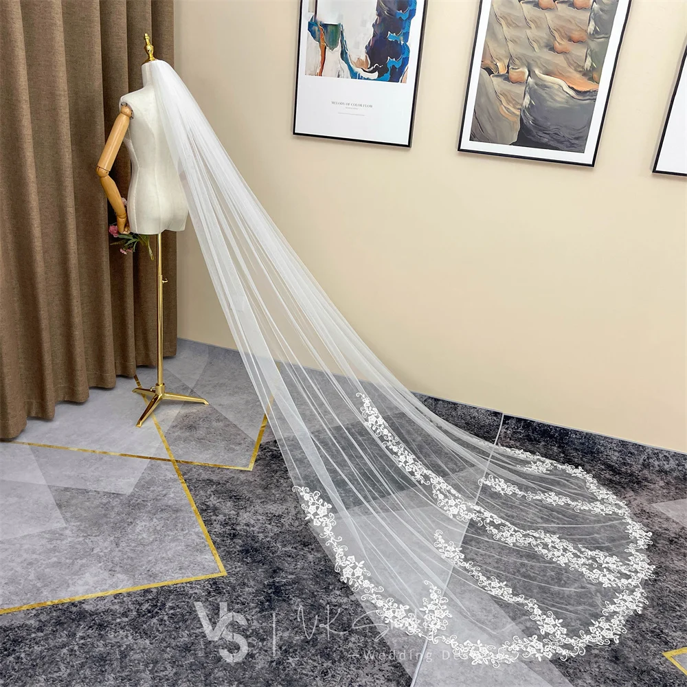 VK SKAIKRU One Layer Wedding Veil With Comb Ivory Cut Edge Bridal Veils for Wedding Appliqued Long Cathedral Wedding Veil