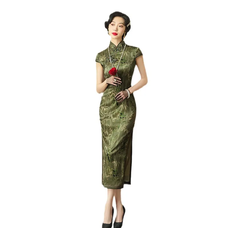 High Quality Green Handmade Flower Button Real Silk Improved Cheongsam Qipao Chinese Women's Sense Suzhou Long 2024