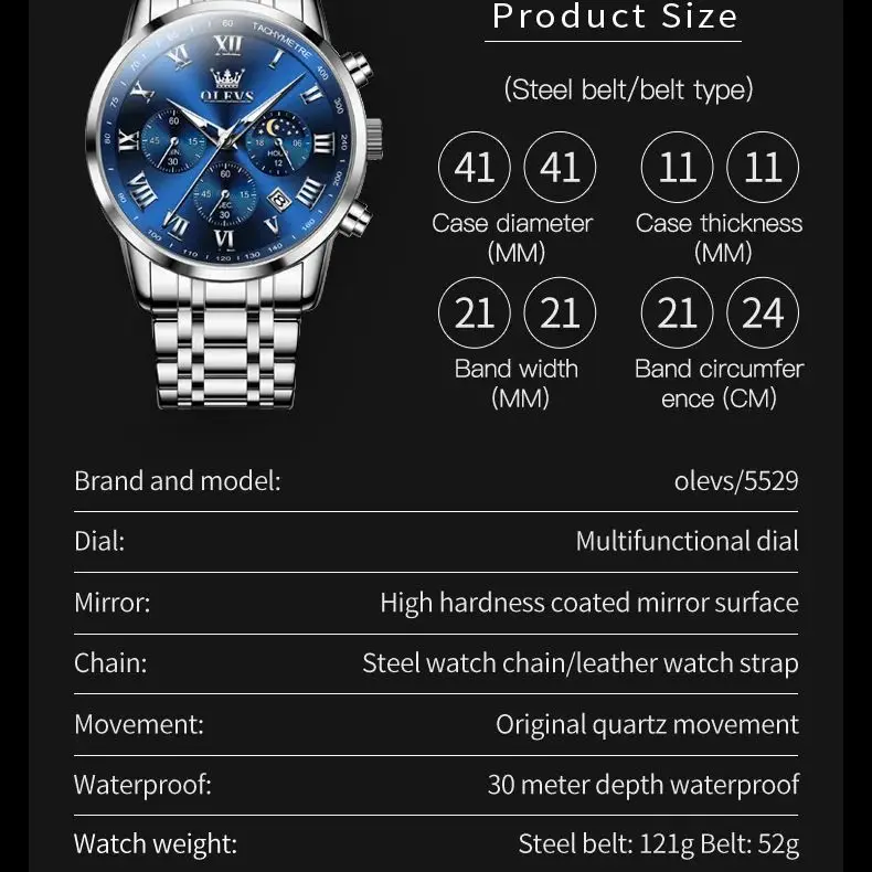 ساعة يد أوليفز كوارتز مقاومة للماء للرجال ، كرونوغراف ، تقويم ، طور القمر ، سوار من الفولاذ المقاوم للصدأ ، مقاومة للماء ، أوقات الفراغ ،