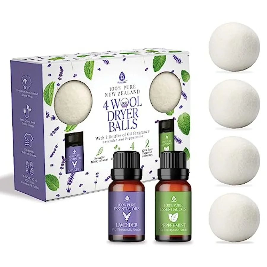 

4-Pack Laundry Wool Dryer Balls with Lavender and Peppermint Essential Oil Scent - Reusable Fabric Softener Balls Made from Pur