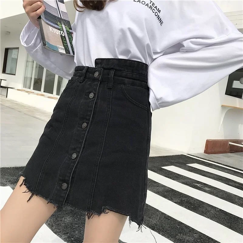 Women Single Button Denim Skirts A-line Elegant Students School Sundress Summer Solid Black Basic High Waist Short Skirt Femme